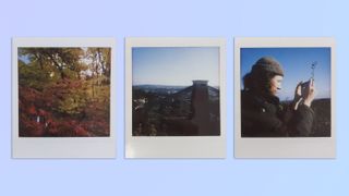 A photo of autumnal trees, a bridge, and a person, taken on a Lomography Lomo’Instant Square Glass camera