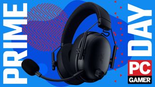 A Razer BlackShark V3 gaming headset on a blue Prime Day background, with the PC Gamer badge in the bottom right