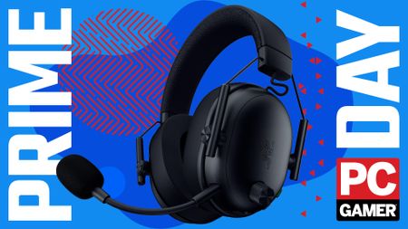 A Razer BlackShark V3 gaming headset on a blue Prime Day background, with the PC Gamer badge in the bottom right
