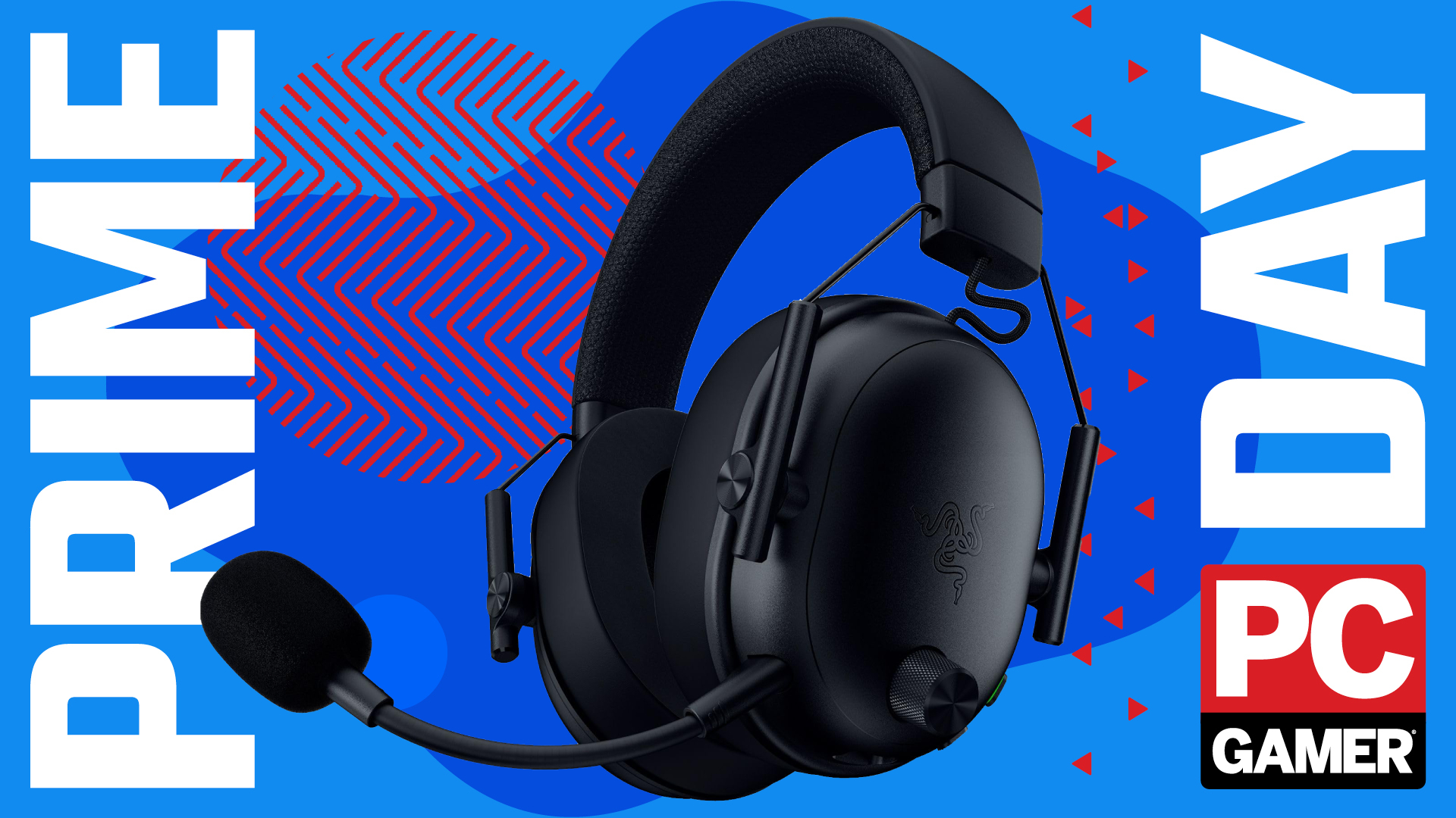 A Razer BlackShark V3 gaming headset on a blue Prime Day background, with the PC Gamer badge in the bottom right