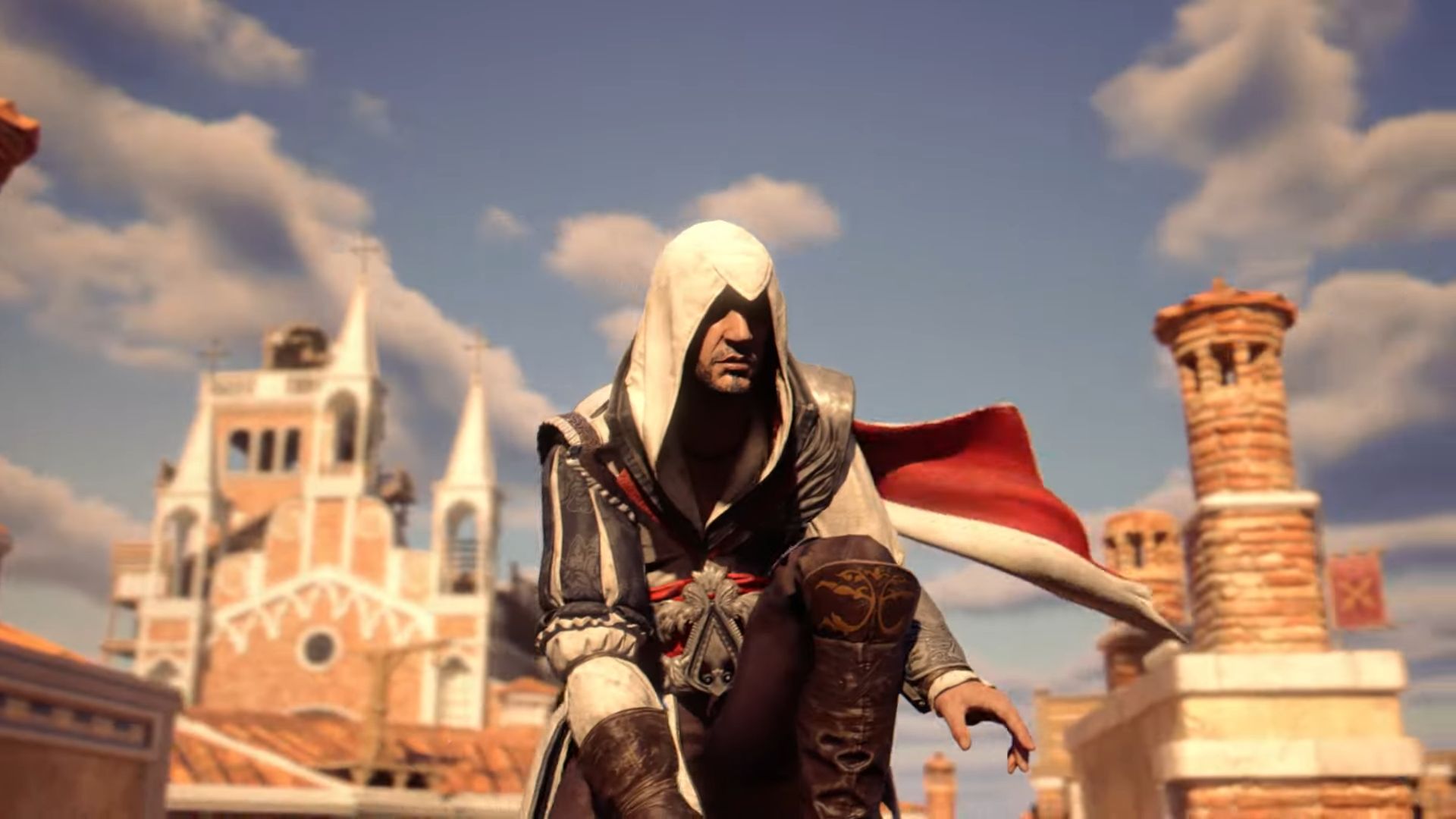Ezio in Assassins Creed Nexus VR atop a building with city in the background