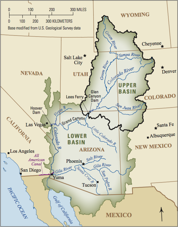 Map showing the Upper and Lower basin regions of the Colorado River Basin.