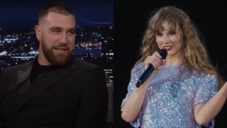 Travis Kelce on late night and Taylor Swift during Eras Tour in sparkly shirt 