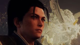 Tokugawa Ieyasu, alongside a spirit beast in Nioh 3.