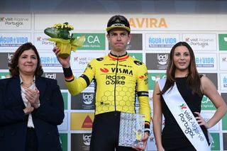 TAVIRA PORTUGAL FEBRUARY 16 Wout Van Aert of Belgium and Team Visma Lease a Bike celebrates at podium as stage winner during the 50th Volta ao Algarve em Bicicleta 2024 Stage 3 a 1922km stage from Vila Real de Santo Antonio to Tavira on February 16 2024 in Tavira Portugal Photo by Dario BelingheriGetty Images