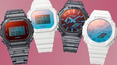 The Casio G-Shock Beach Time Lapse collection on a pink background