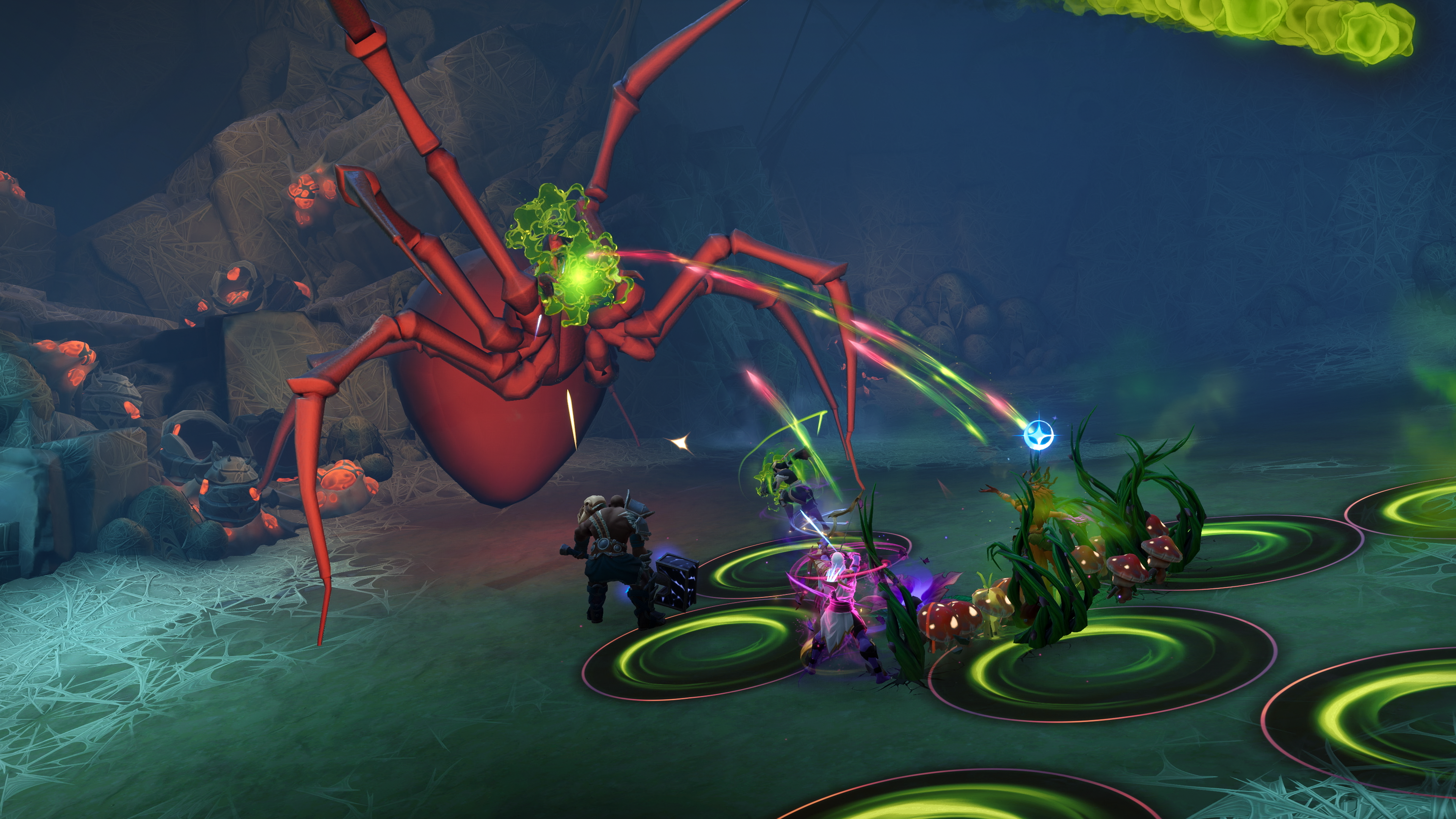 A promotional screenshot of Fellowship. A red spider boss readies an attack on the player characters below. Several swirly circles for environmental hazards are scattered across the arena.