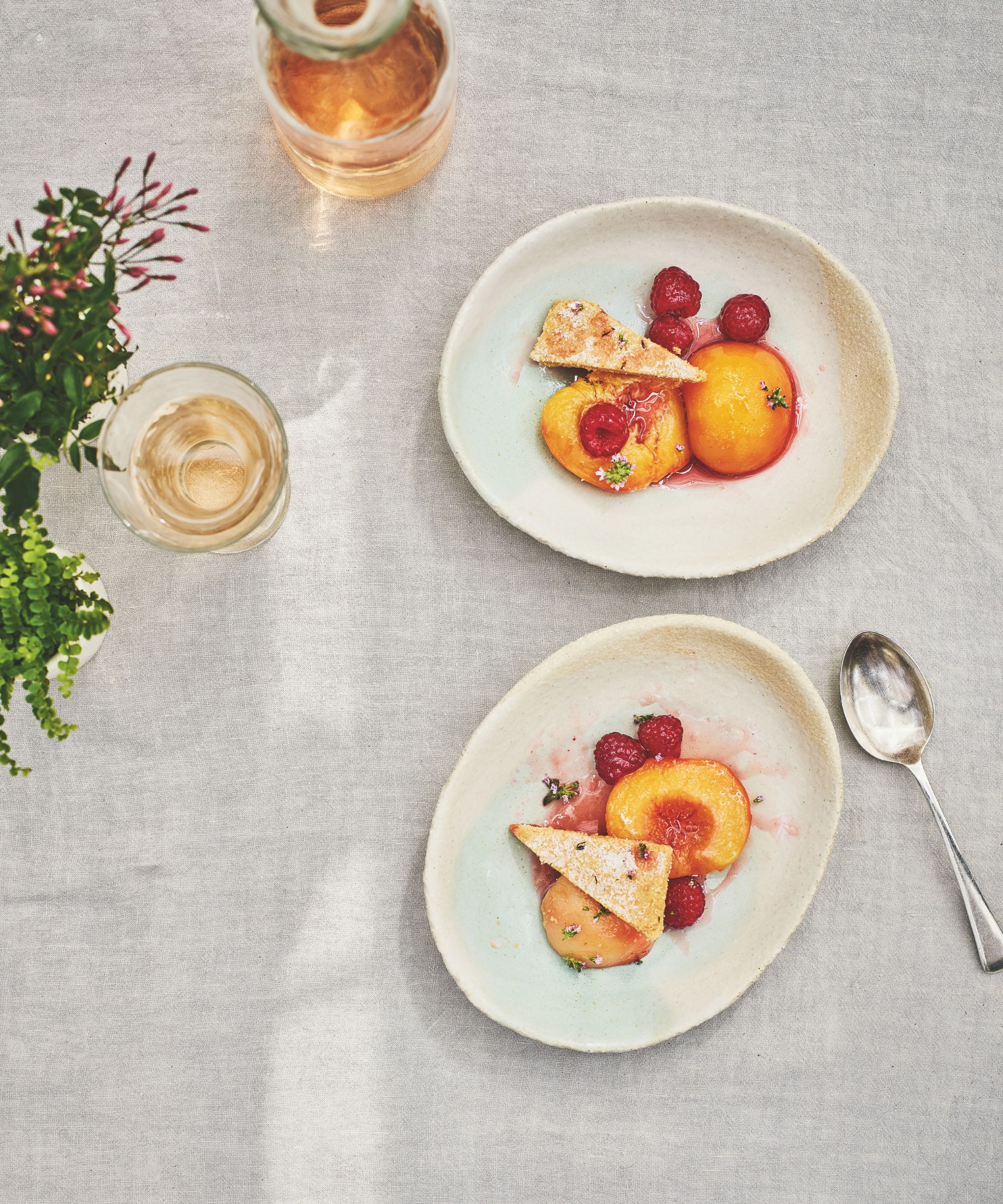 Poached peaches, raspberries and thyme shortbread