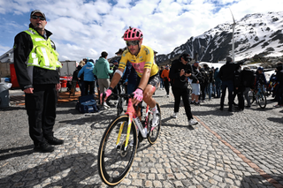 GOTTHARD PASS, SWITZERLAND - JUNE 12: Alberto Bettiol of Italy and Team EF Education-EasyPost - Yellow Leader Jersey injured after being involved in a crash after the 87th Tour de Suisse 2024, Stage 4 a 171km stage from Ruschlikon to Gotthard Pass 2092m on / #UCIWT / June 12, 2024 in Gotthard Pass, Switzerland. (Photo by Tim de Waele/Getty Images)