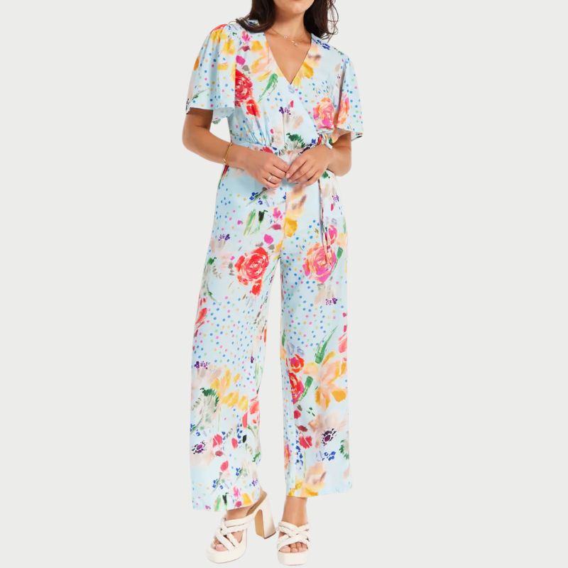 Liquorish Blue Floral Print Jumpsuit With Wide Legs on model