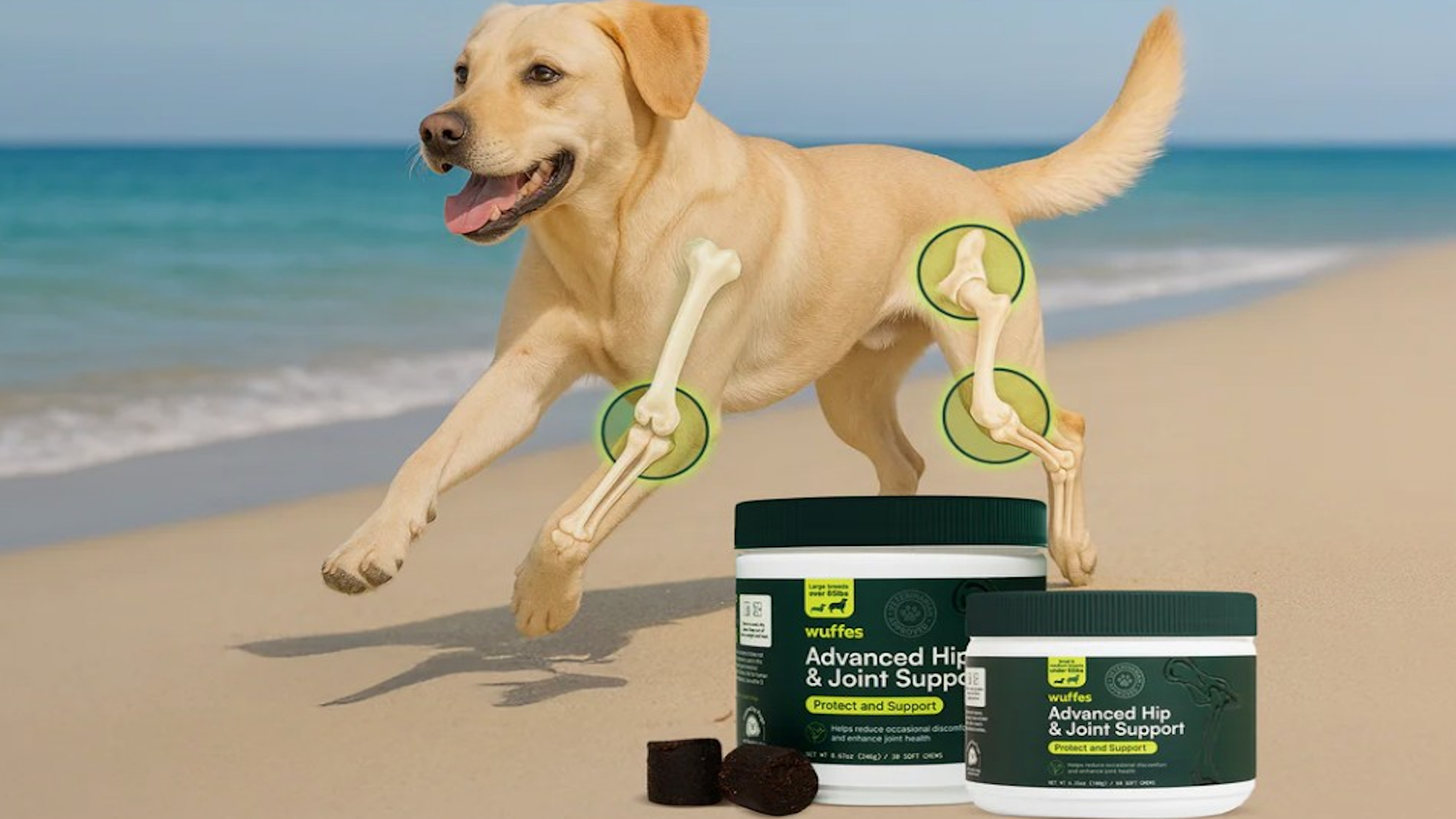 A golden labrador running on the beach with elbow, hip, and knee joints highlighted and tubs of Wuffes Advanced Hip and Joint Support in front