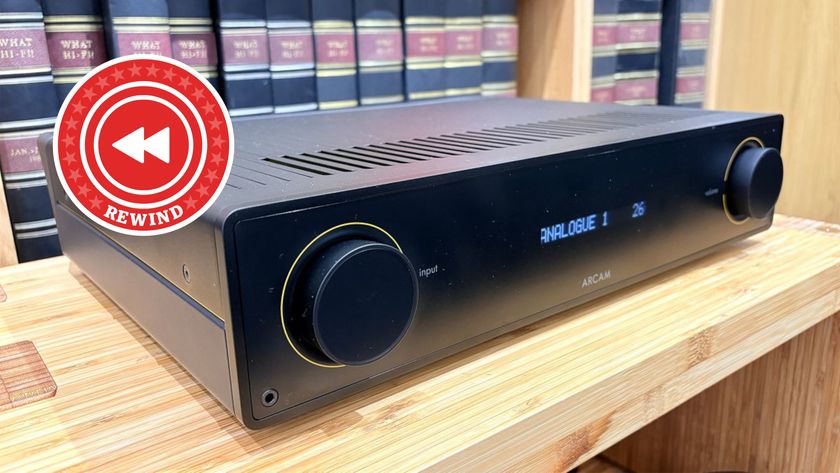 Arcam A15 Plus on desk woth Rewind logo