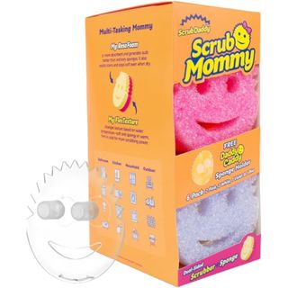 An orange box of Scrub Mommy purple and pink sponges