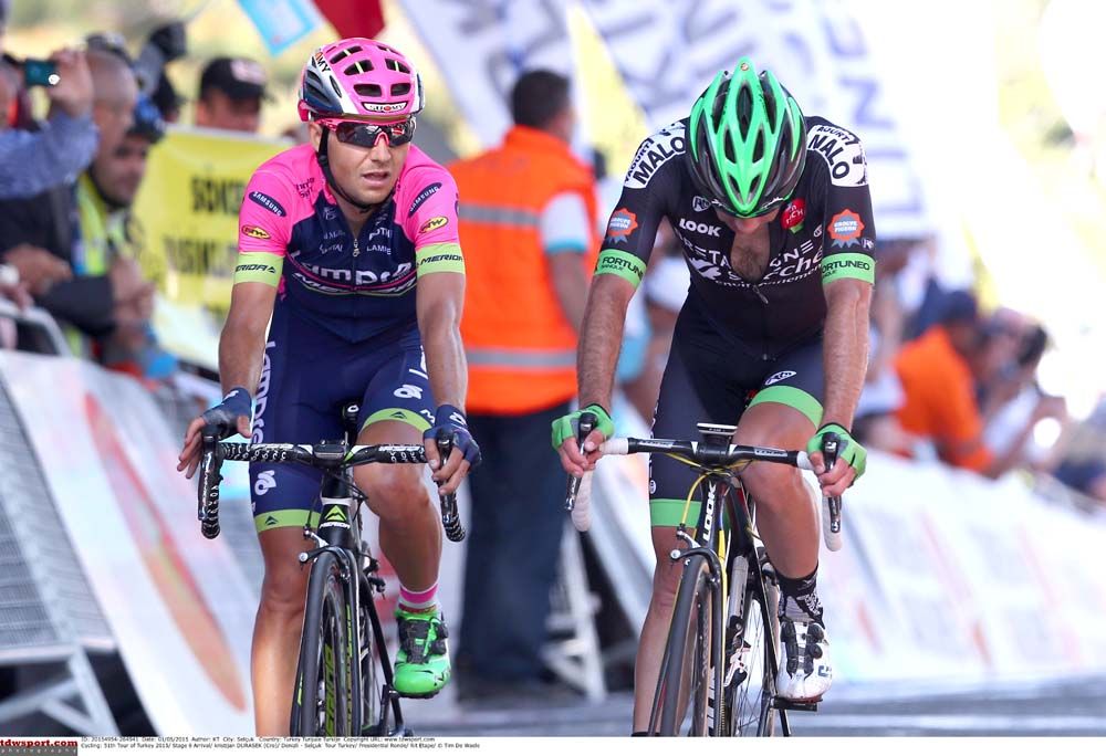 Kristijan Durasek (Lampre-Merida) crosses the line and hopes he has done enough to take the race lead