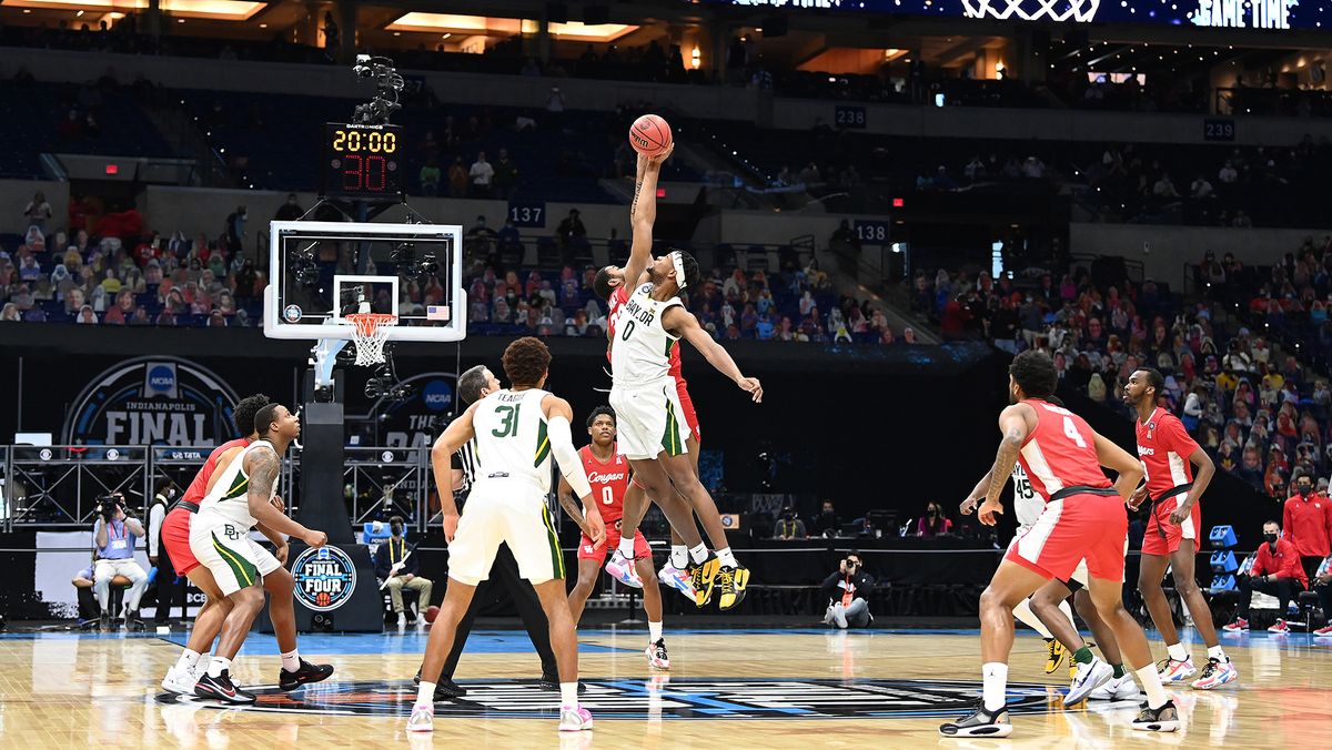 The Baylor Bears and the Houston Cougars tip off to begin their Final Four semifinal game of the 2021 NCAA Men&#039;s Basketball Tournament at Lucas Oil Stadium on April 3, 2021 in Indianapolis, Indiana.