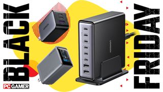 A collage of USB chargers from Anker and Ugreen, against a colorful background, with a set of Black Friday and PC Gamer logos on the sides
