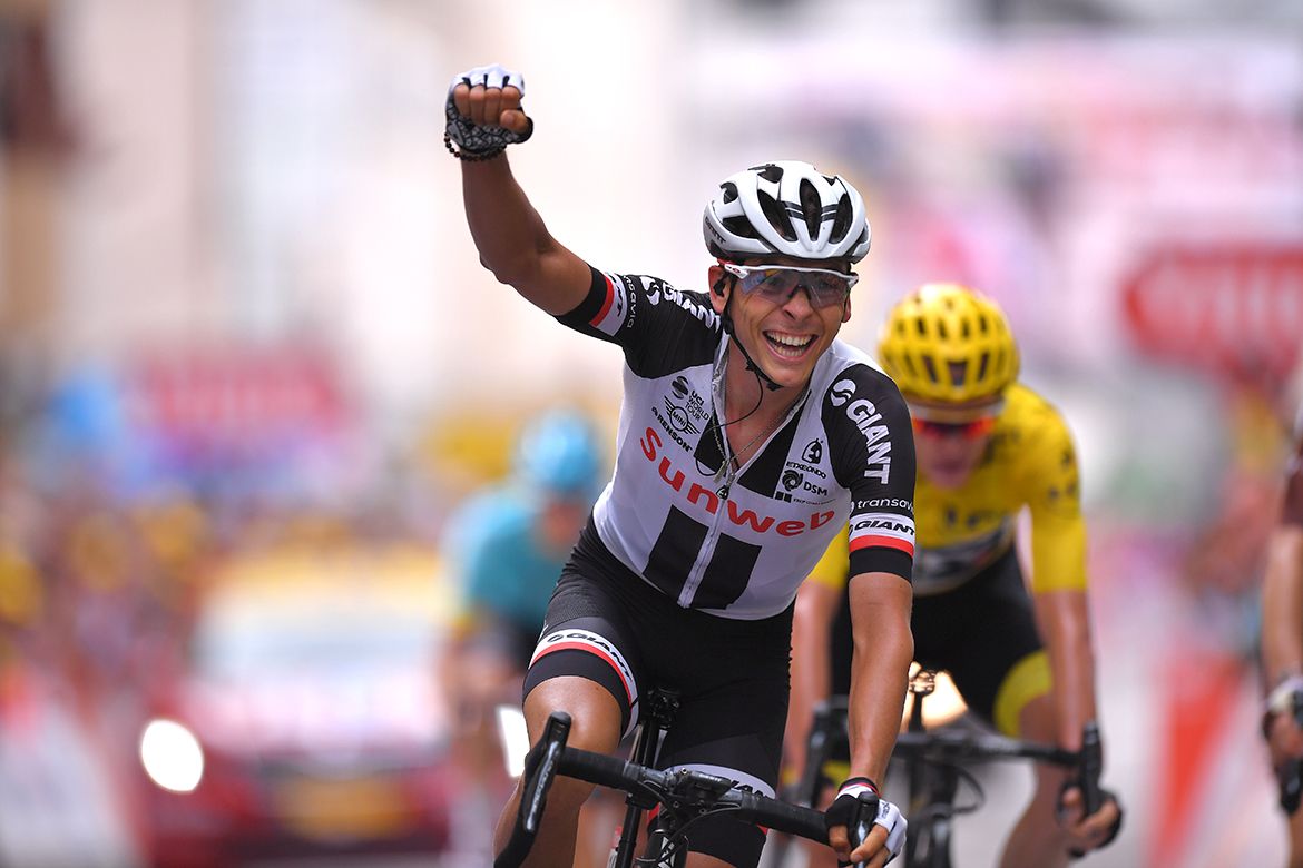 Warren Barguil celebrating what he initially thought was a Tour de France stage victory before Rigoberto Ur&aacute;n was deemed the winner of stage 9