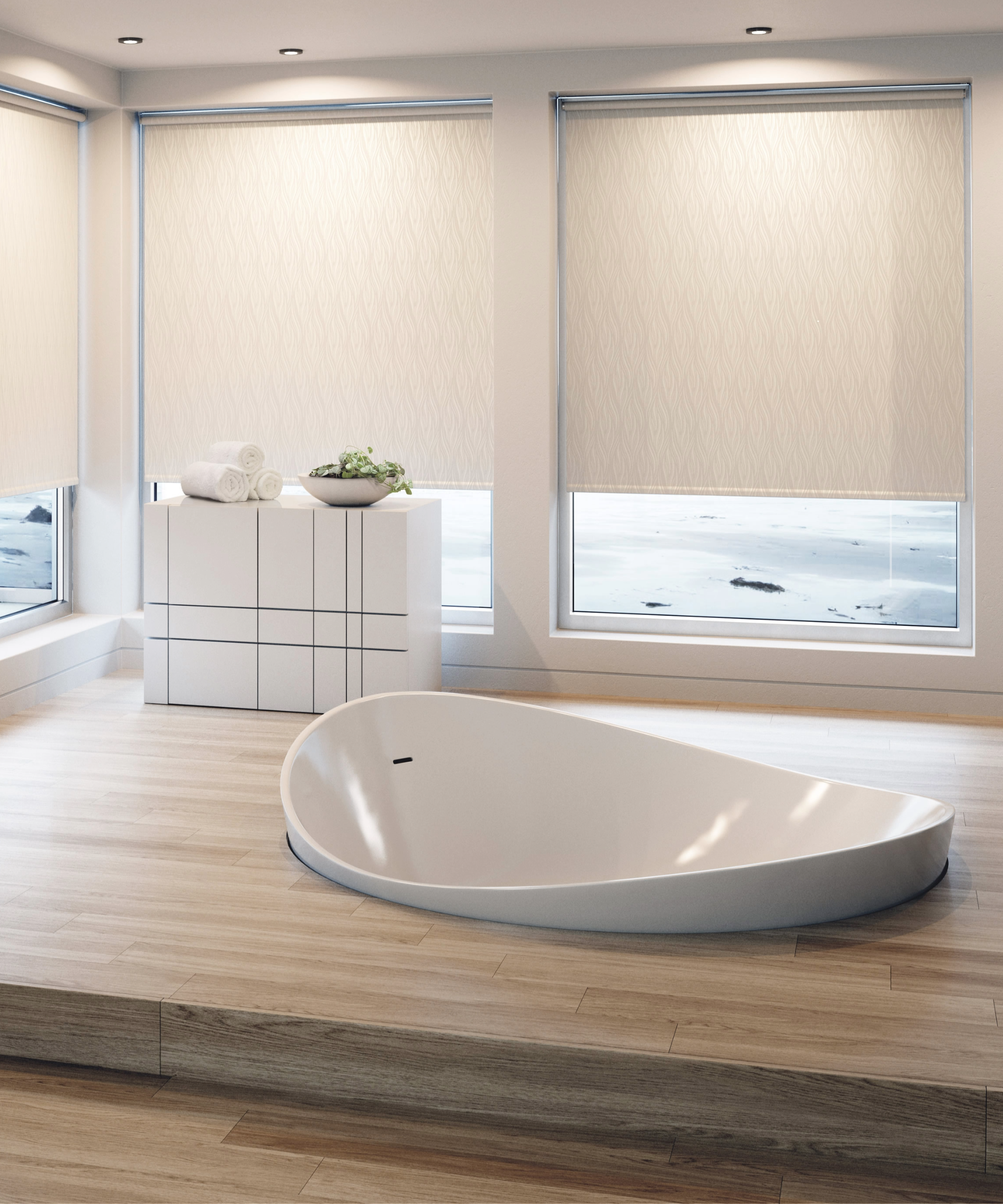 Downstairs bathroom idea with a sunken bath in a wooden platform and large windows with blinds