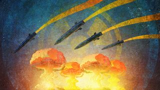 An illustration of nuclear warheads flying through the air with mushroom clouds from blasts below them