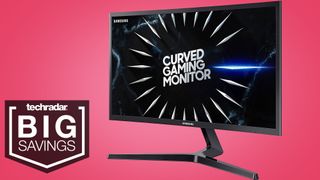 Samsung CRG5 on a pink background, with the text "Curved Gaming Monitor" on the display, with a TechRadar badge in the lower left corner saying "big savings". 