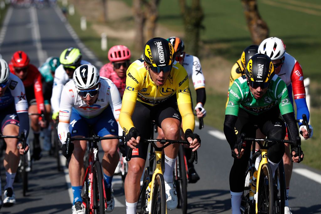 ORLEANS FRANCE MARCH 07 LR Christophe Laporte of France yellow leader jersey and Primoz Roglic of Slovenia and Team Jumbo Visma green points jersey compete during the 80th Paris Nice 2022 Stage 2 a 1592km stage from Auffargis to Orlans ParisNice on March 07 2022 in Orleans France Photo by Bas CzerwinskiGetty Images