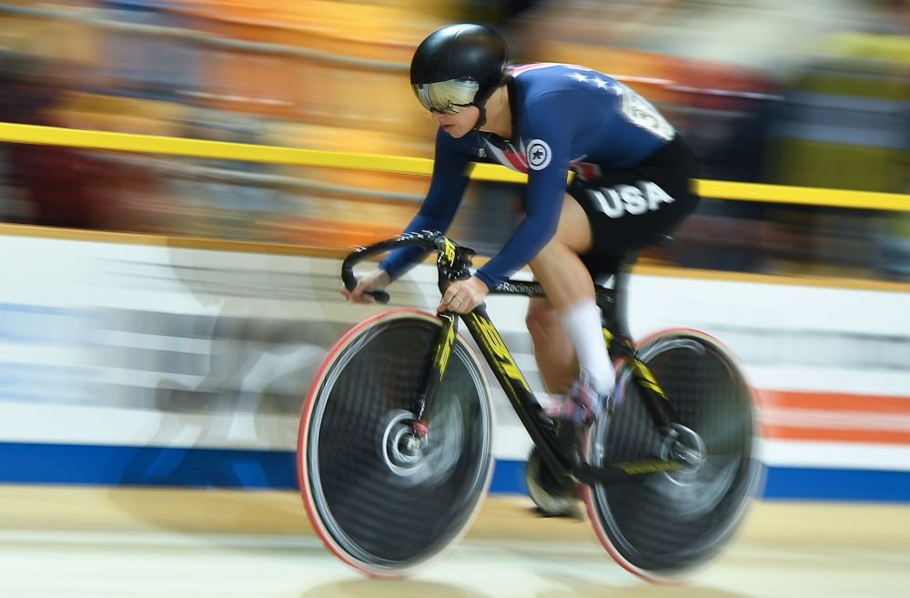 Mandy Marquardt of the US takes part in the qualifying round for the women's sprint during the UCI Track Cycling World Championships in Apeldoorn