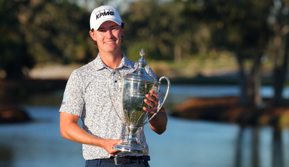 Mavrick McNealy holds The RSM Classic trophy