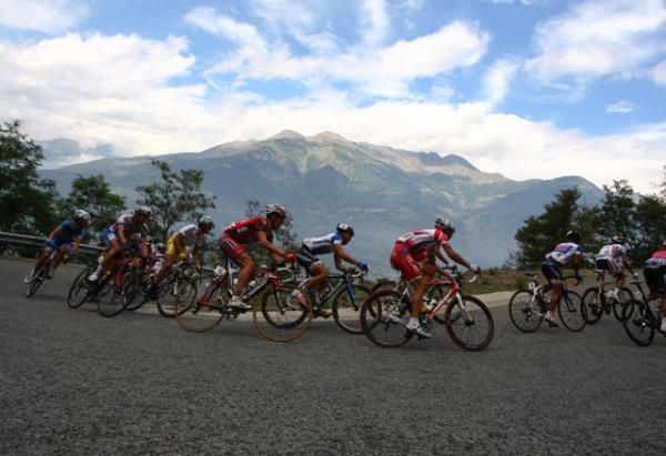 The peloton climbs during stage one.