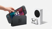 Nintendo Switch 2 being placed into its dock by a hand on the left, positioned beside an Xbox Series S console and controller on a clean light gray background.