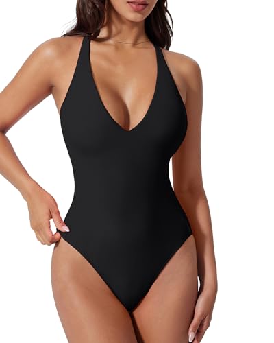 Suuksess Women Sexy Low Back One Piece Swimsuit Slimming Tummy Control Bathing Suit V Neck High Cut Swimwear (black,s)