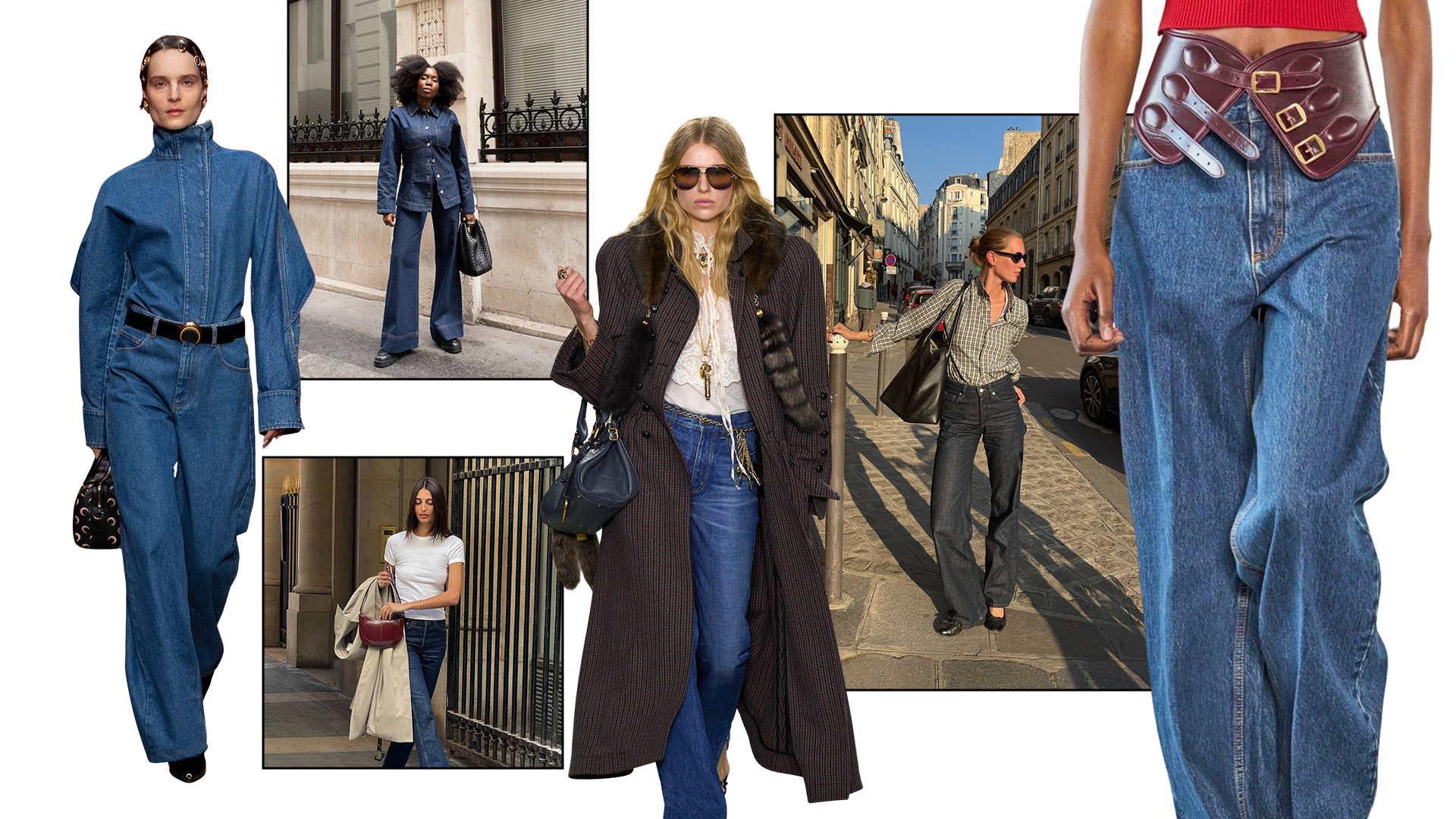 a collage of runway and influencer imagery featuring the major fall 2025 denim trends