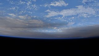 Volcanic ash above the Pacific Ocean after the eruption of the Hunga Tonga volcano in January 2022 seen from the International Space Station.