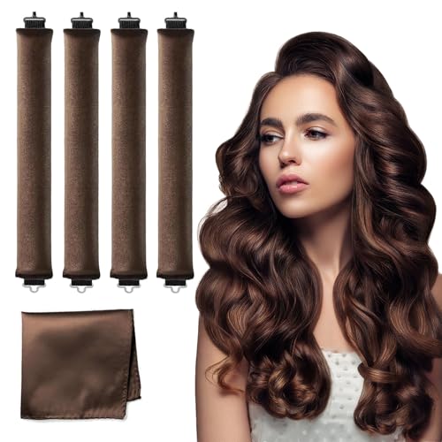 Haiolorpro Heatless Hair Curler Velvet, Heatless Curls Overnight Hair Curlers to Sleep In, Overnight Blowout Rods Heatless Curls for Short Long Hair All Hair Types Styling Tools-5pcs Brown