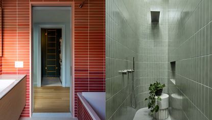 vertical and horizontal tiles in two small bathrooms