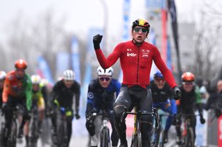 BESSEGES FRANCE FEBRUARY 07 Arnaud De Lie of Belgium and Team Lotto White Best Young Rider Jersey celebrates at finish line as stage winner during the 55th Etoile de Besseges Tour du Gard 2025 Stage 3 a 1362km stage from Besseges to Besseges Race shortened due to adverse weather conditions on February 07 2025 in Besseges France Photo by Billy CeustersGetty Images