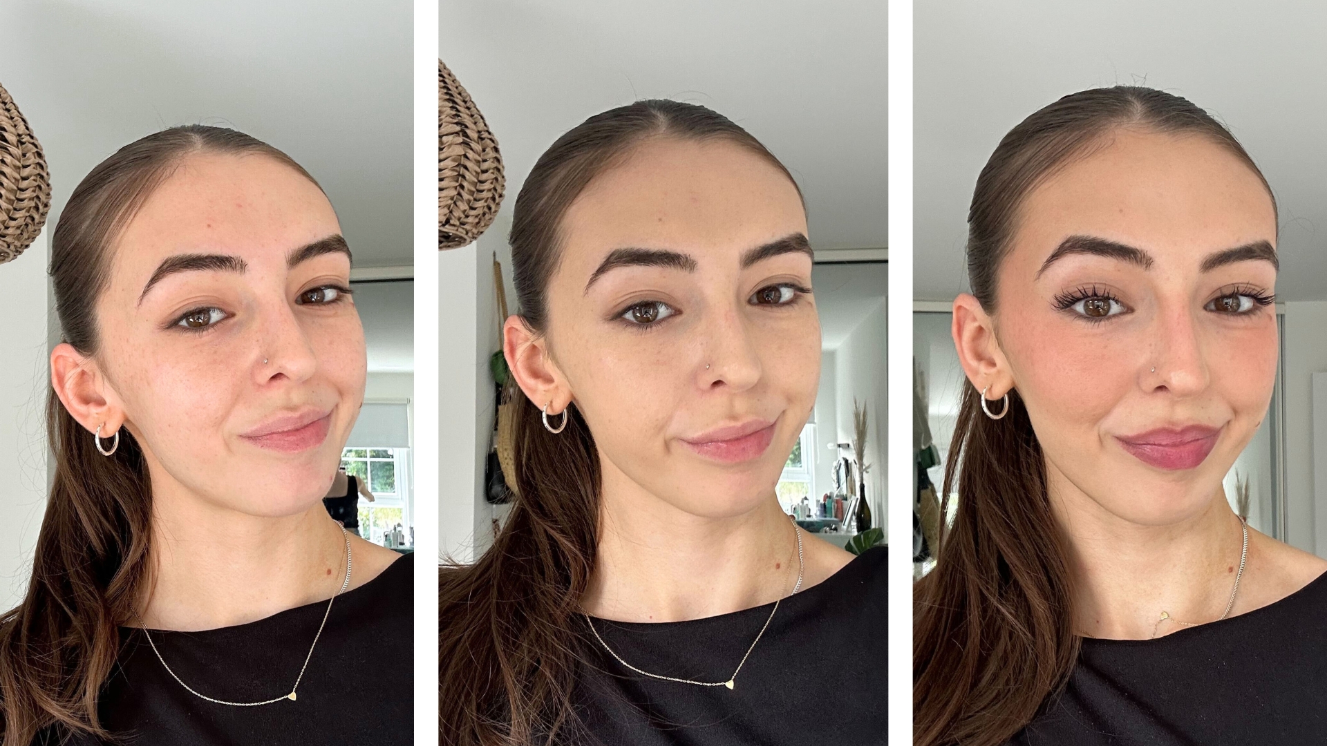 Sennen before applying foundation on the left, Sennen wearing the L'Oréal Paris True Match Nude Plumping Tinted Serum on its own in the middle and Sennen after completed makeup routine on the right