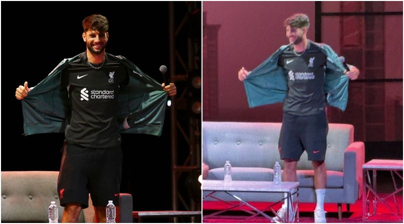 Liverpool star Dominik Szoboszlai in the new away kit on stage