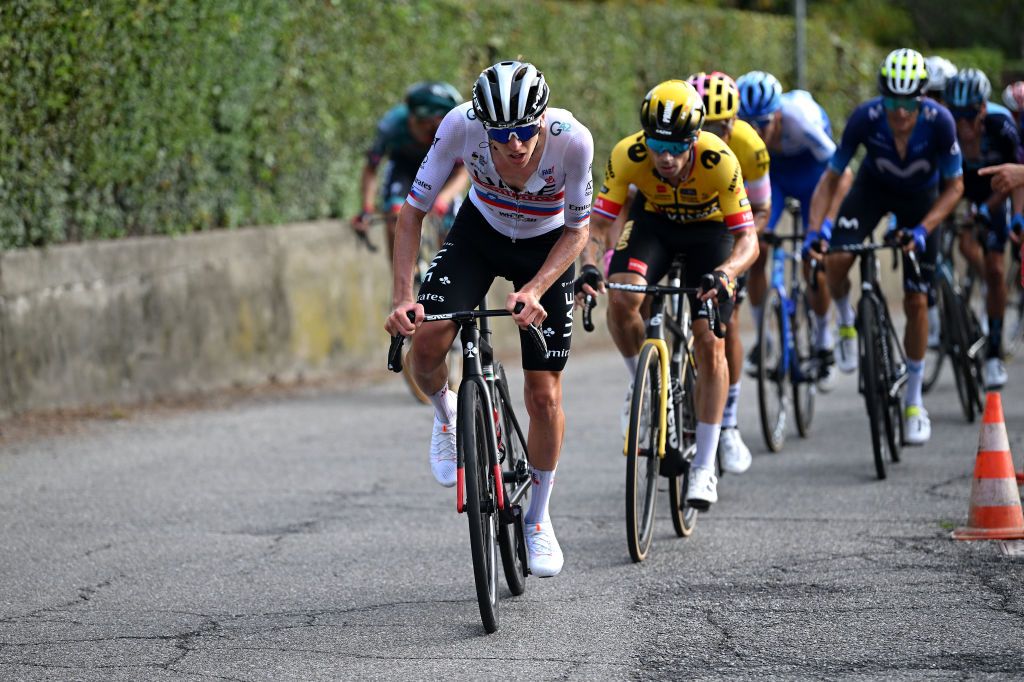 VARESE ITALY OCTOBER 03 Tadej Pogacar of Slovenia and UAE Team Emirates attacks during the 102nd Tre Valli Varesine 2023 a 19654km one day race from Busto Arsizio to Varese on October 03 2023 in Varese Italy Photo by Dario BelingheriGetty Images