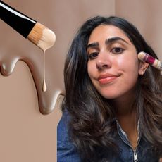 a tan background with concealer drips, with a close up of a woman with dark hair applying concealer, and a black makeup brush