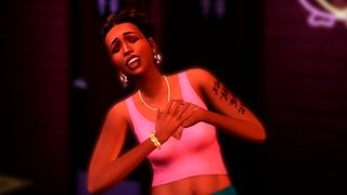 The Sims 4 Lovestruck reveal trailer screenshot showing a young woman with short curly hair laughing, a pink crop top and jewelry adorning her