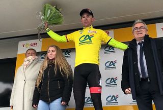 Holowesko-Citadel's Fabian Lienhard in yellow at the Tour de Normandie