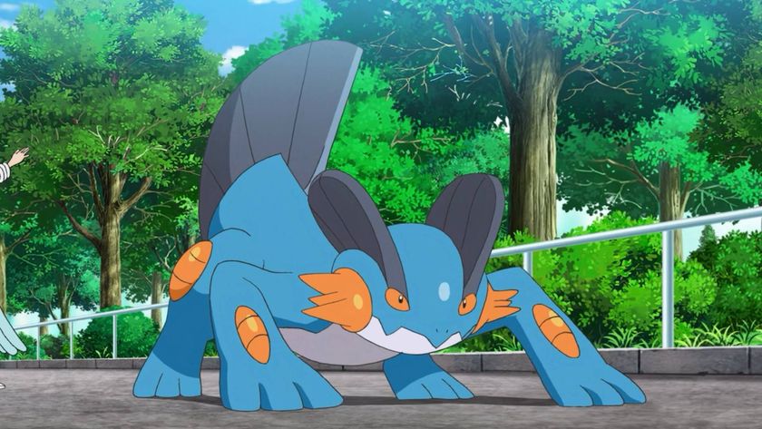 A screenshot of Swampert in the Pokemon anime series.
