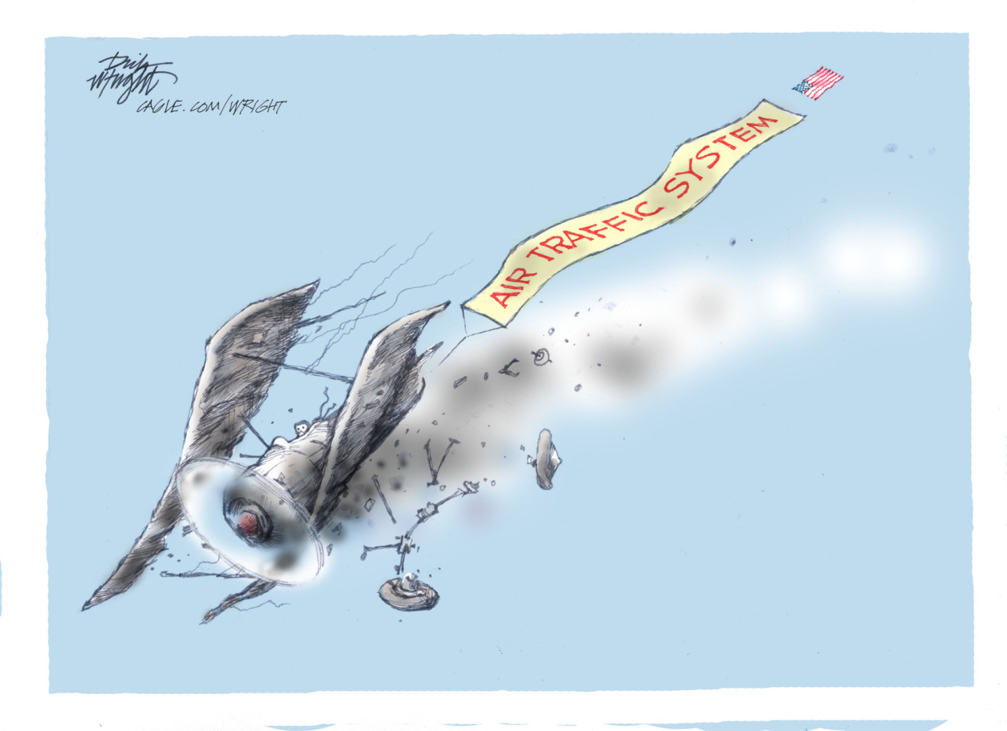 A cartoon depicts a 1917-style propeller airplane plummeting downwards against a light blue sky. The plane is breaking apart, with pieces flying off and smoke trailing behind it. Attached to the tail of the crashing plane is a long, waving banner that reads "AIR TRAFFIC SYSTEM" in red letters. At the very end of the banner, a small American flag is visible.