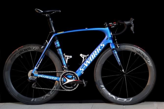 Etixx-QuickStep team bikes on display in Calpe, Spain.