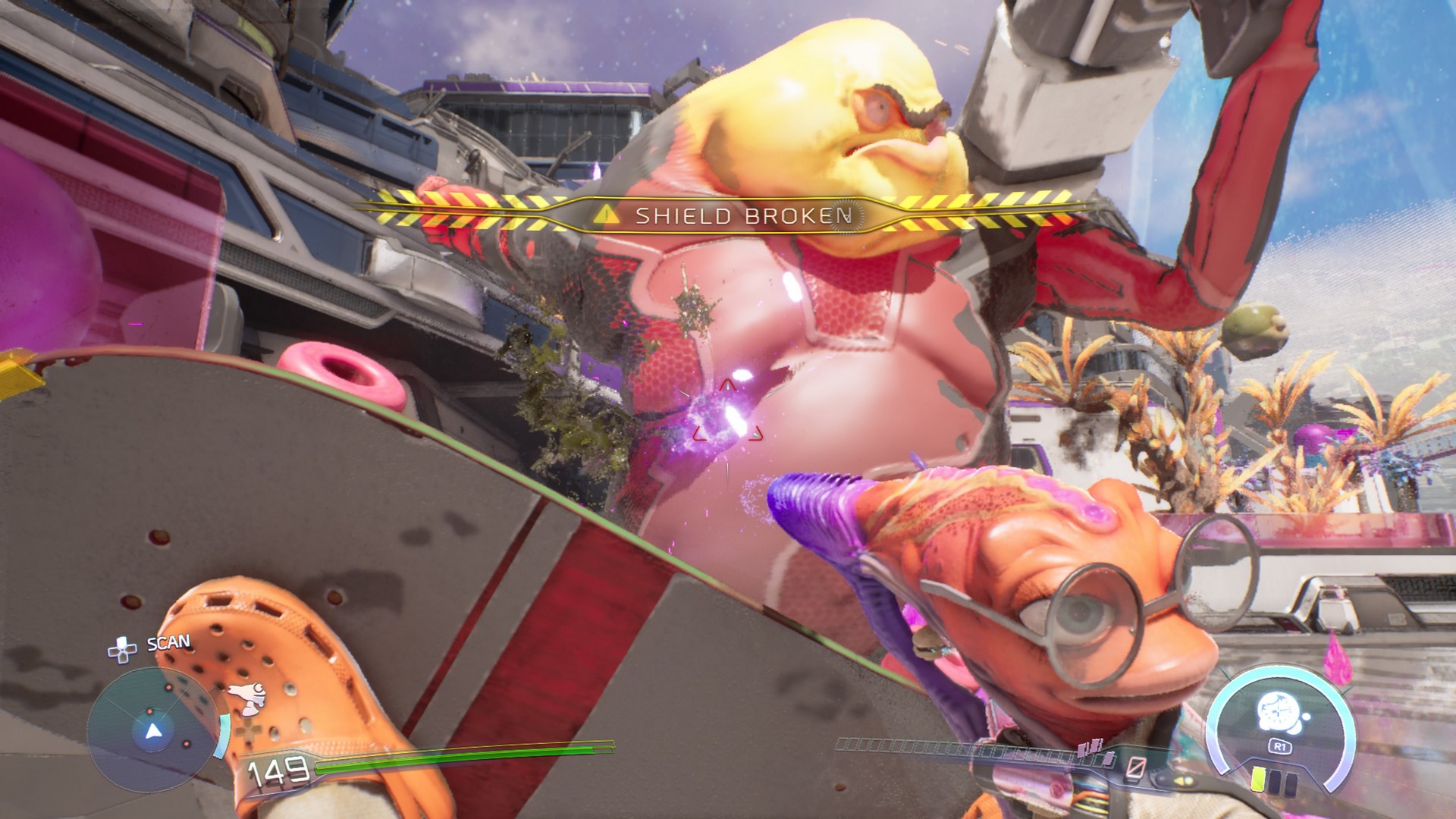 Boarding into a big enemy in High on Life 2 as we're warned that our shield has been broken, wielding Sheezy who has glasses on