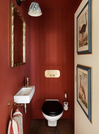 Powder room with red walls and loo