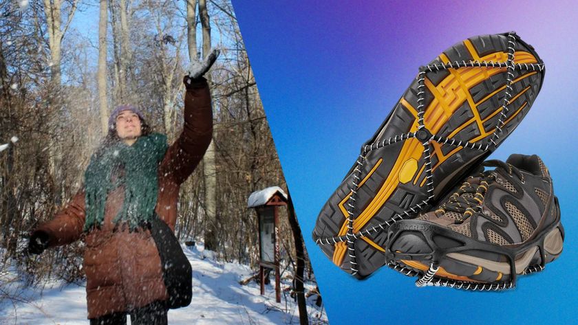 Erin Bashford next to Yaktrax on hiking shoes 