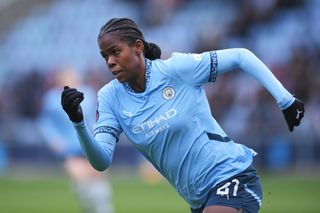 Khadija Shaw of Manchester City Women looks on during the Barclays Women's Super League match between Manchester City and Leicester City at Joie Stadium on December 08, 2024 in Manchester, England.