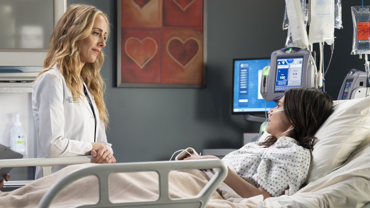 Kim Raver as Teddy and Floriana Lima as Nora on Grey's Anatomy Season 21.