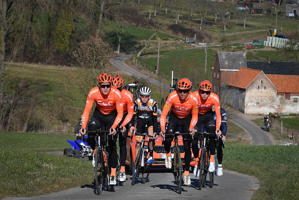 Greg Van Avermaet and his teammates of CCC Team train on the Belgian cobbles